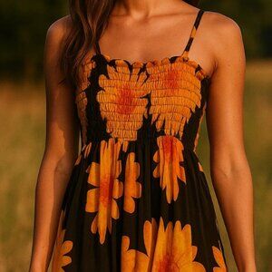 Babydoll Tank Top Small Sunflower Print Cottage Smocked Stretch Summer Hippie